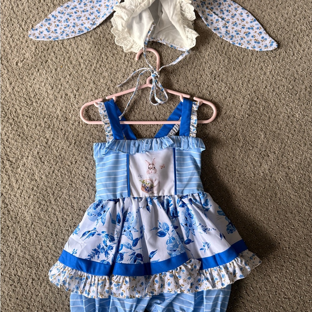 Be girl Easter bunny and bonnet Blue Floral Kids Outfit with Bunny Design